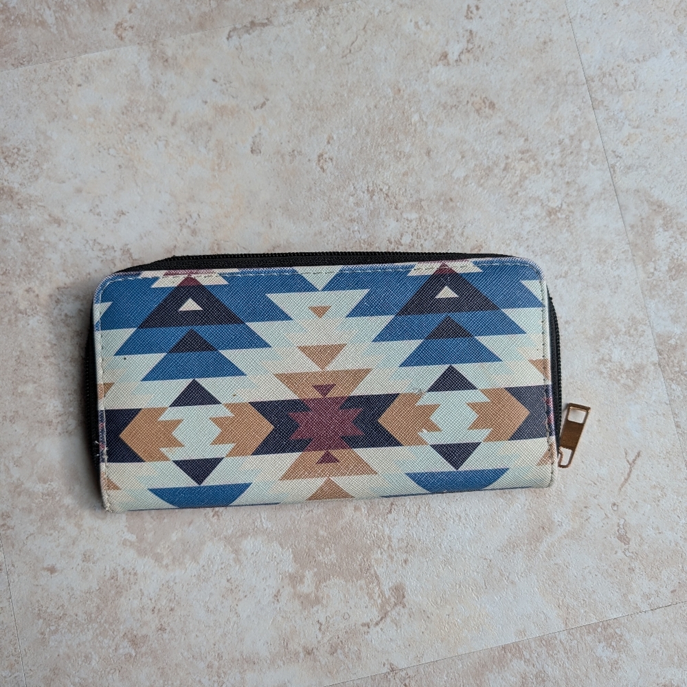 Geometric Patterned Aztec Blue and Brown Women's Wallet